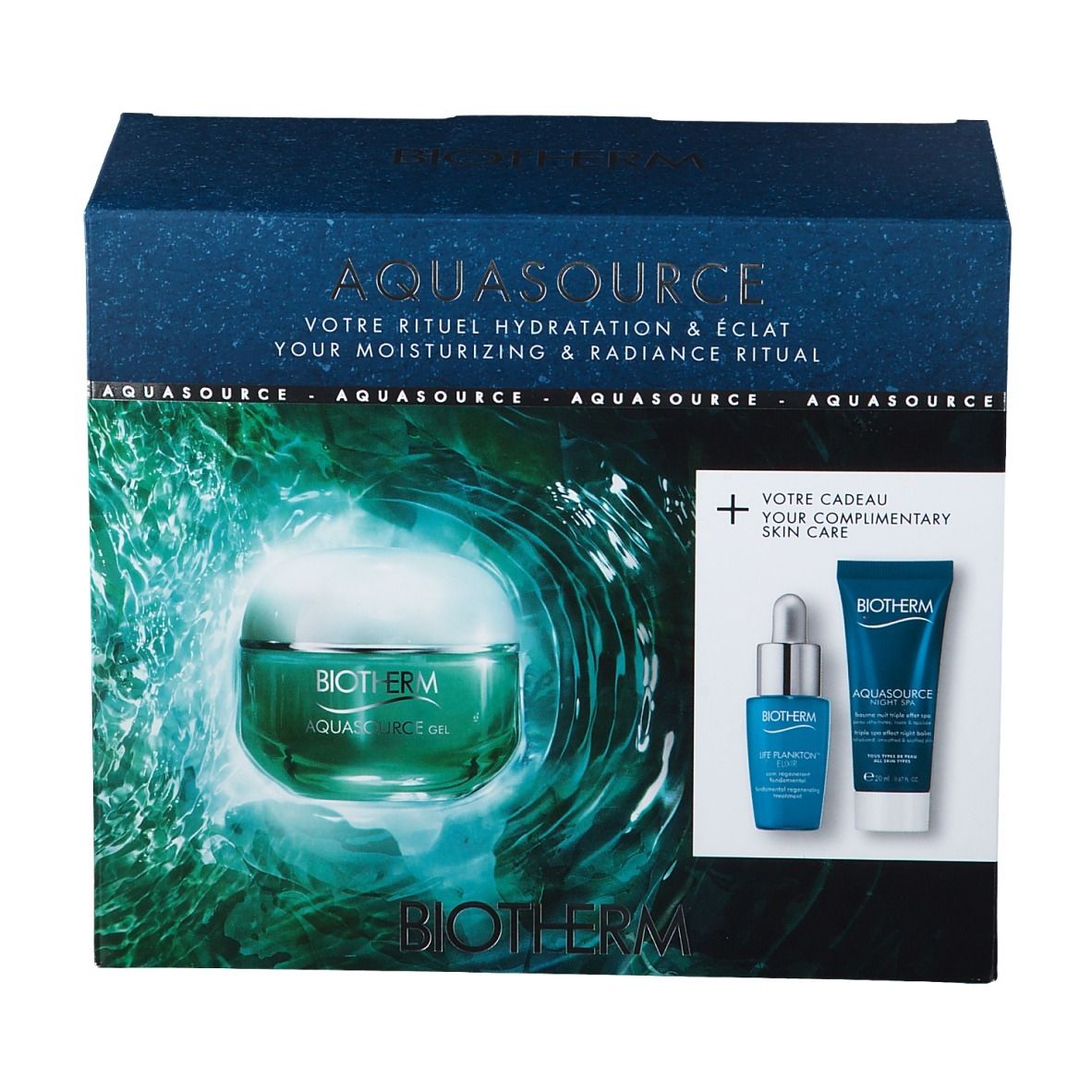 BIOTHERM Aquasource Gel Geschenkset. Enthält Creme, Serum und Tube. Blaue Verpackung mit Produktabbildung und Schriftzug.