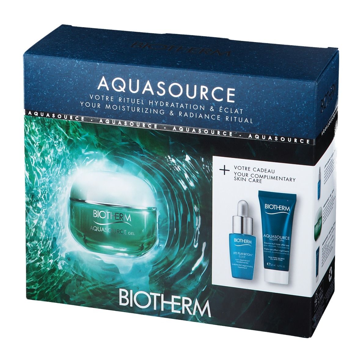 BIOTHERM Aquasource Gel Geschenkset. Enthält Creme, Serum und Tube. Blaue Verpackung mit Produktabbildung und Schriftzug.