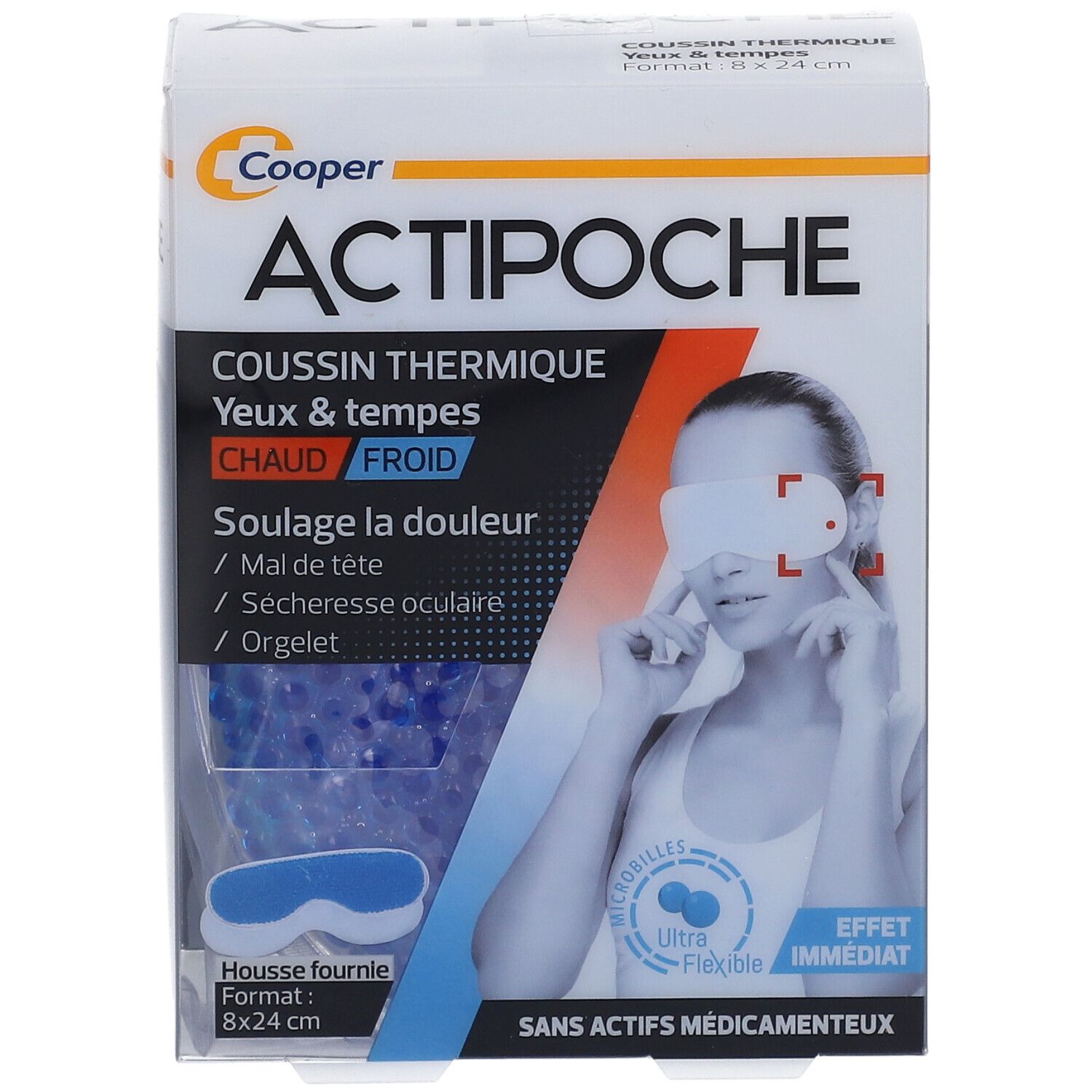 Actipoche verpakking, vooraanzicht. Product, vrouw met oogmasker, blauwe microkorrels, formaat 8x24cm, tekst.