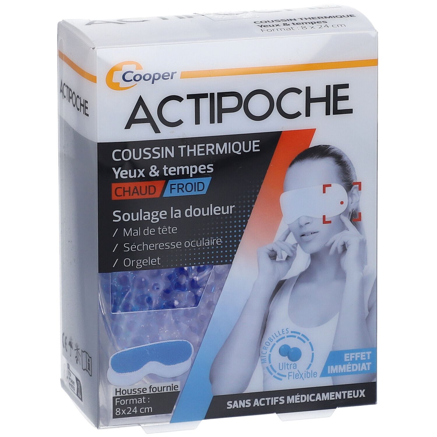 Actipoche verpakking, vooraanzicht. Product, vrouw met oogmasker, blauwe microkorrels, formaat 8x24cm, tekst.