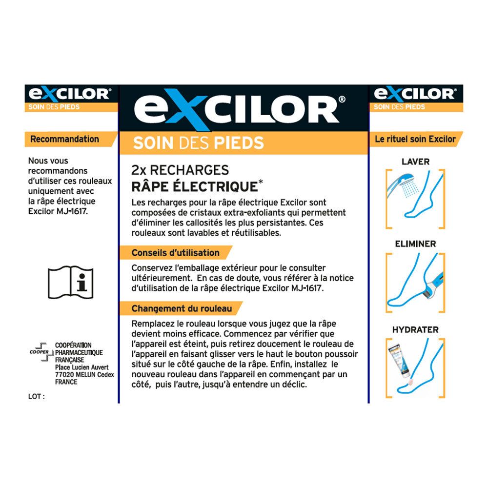 Emballage produit avec informations. Contient des instructions d'utilisation de la râpe électrique. Illustrations montrent les étapes: Laver, Eliminer, Hydrater.