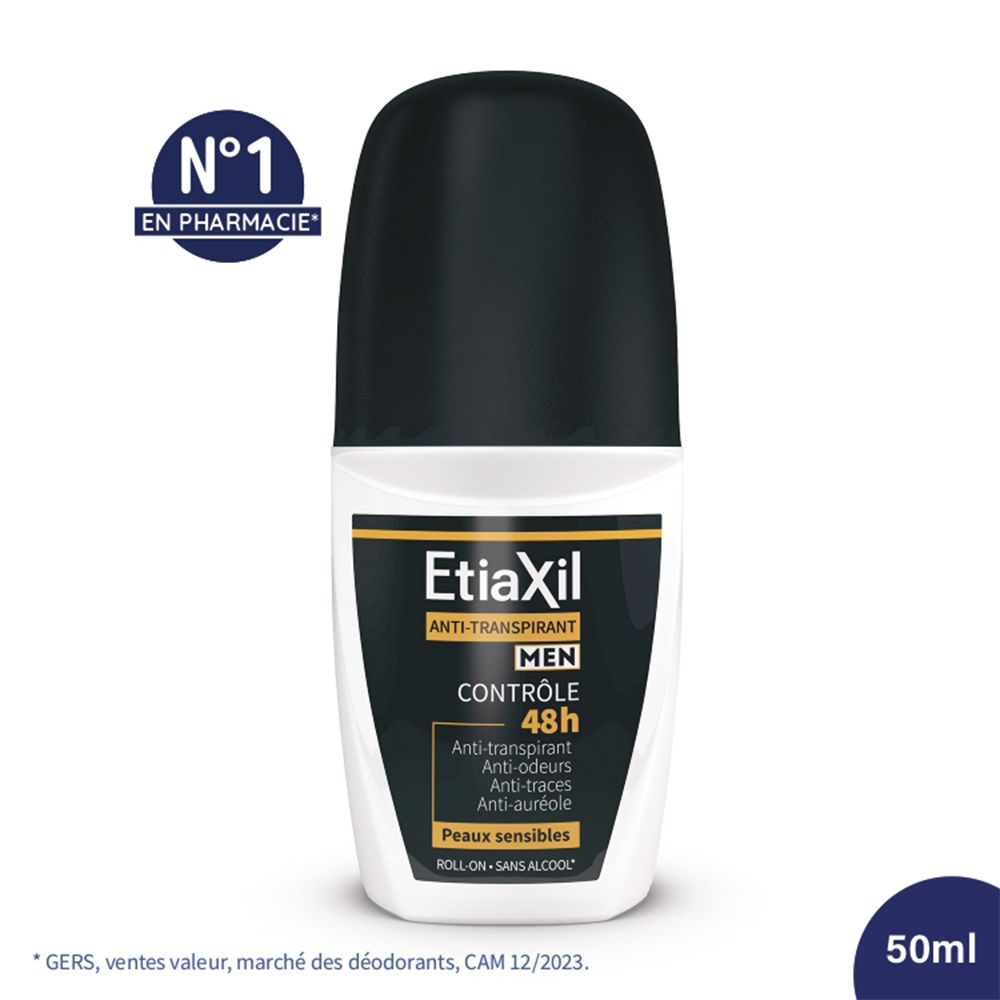 EtiaXil Men Antitranspirant Roll-On. Schwarzer Deckel, weiße Flasche, schwarzes Etikett. "48H Contrôle". "N°1 en pharmacie".