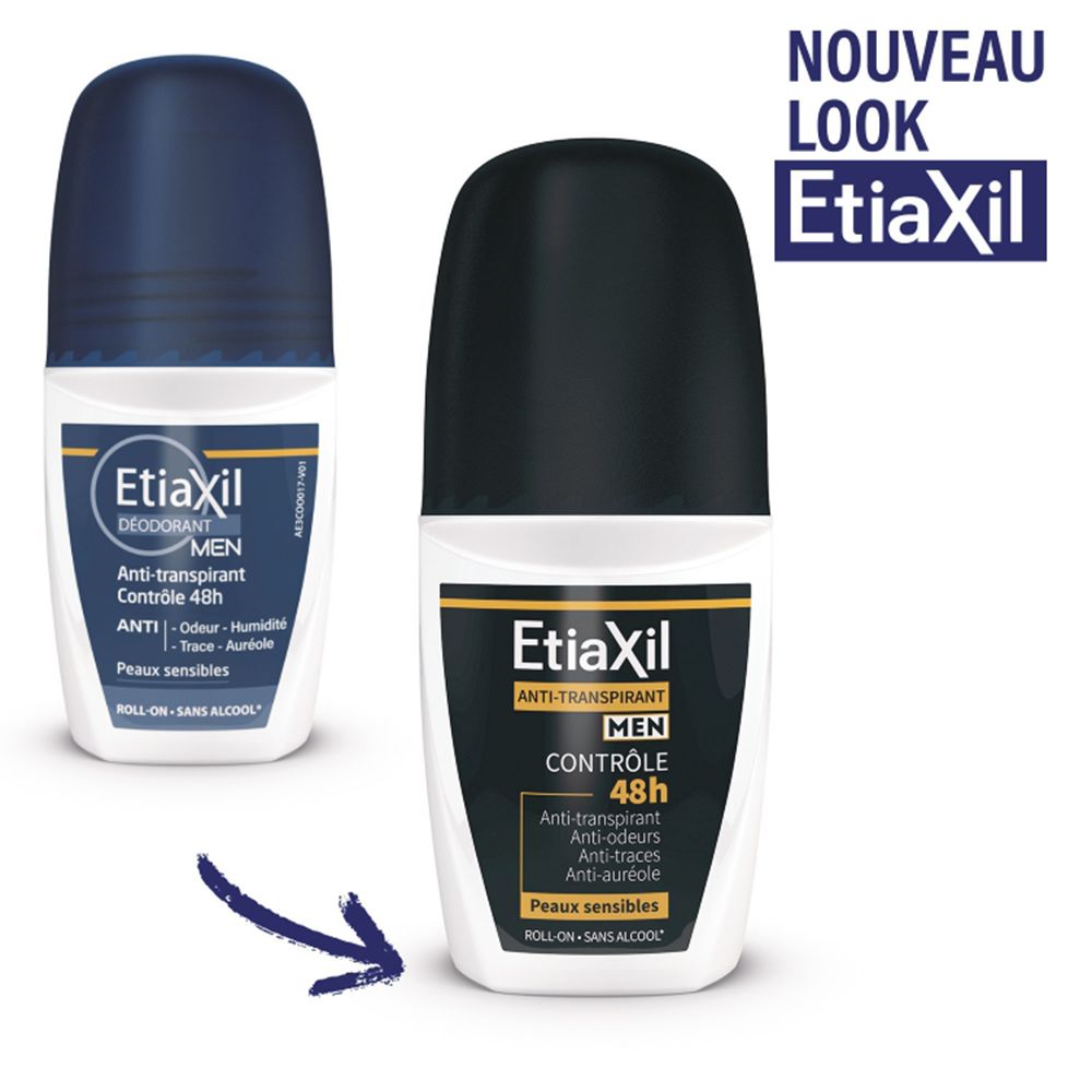 Zwei EtiaXil Men Roll-Ons. Links: blau, rechts: schwarz. "Nouveau look EtiaXil". Schwarzes Etikett, weiße Flasche.