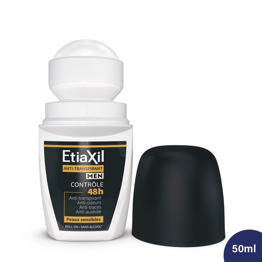 EtiaXil Men Roll-On. Schwarzer Deckel, weiße Flasche, schwarzes Etikett. Deckel liegt daneben. "48H Contrôle".