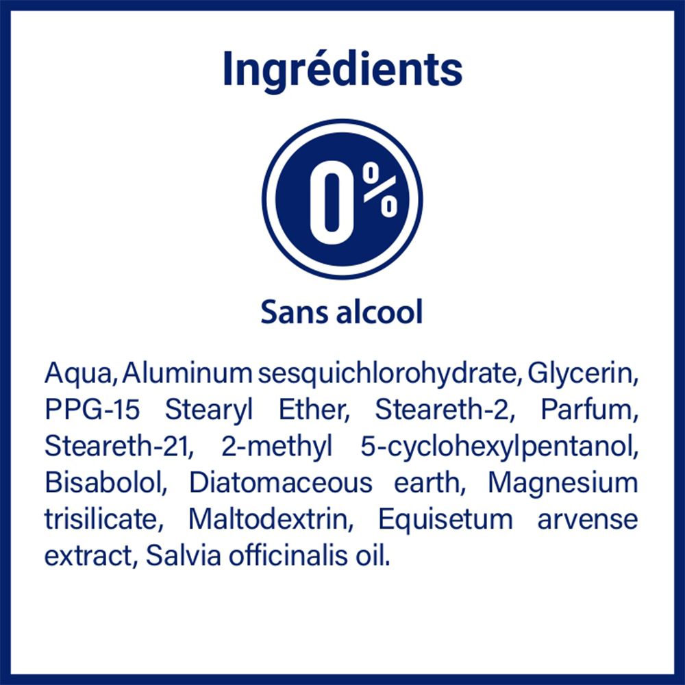 Zutatenliste. Text auf blauem Hintergrund. Enthält Aqua, Aluminum sesquichlorohydrate, Glycerin, etc. "Sans alcool".