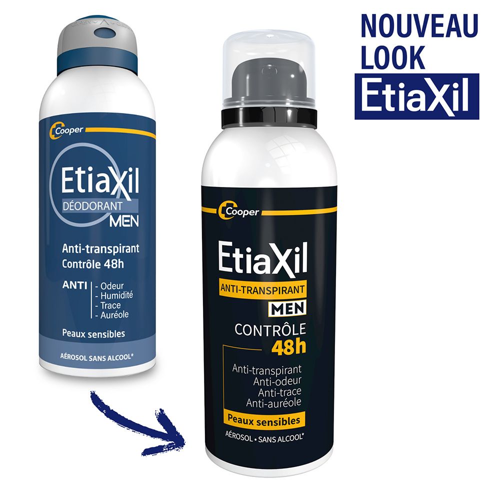 Etiaxil Men Antitranspirant 48h Control. Deux flacons. Un avec étiquette bleue, un avec étiquette noire. Noms des produits visibles.