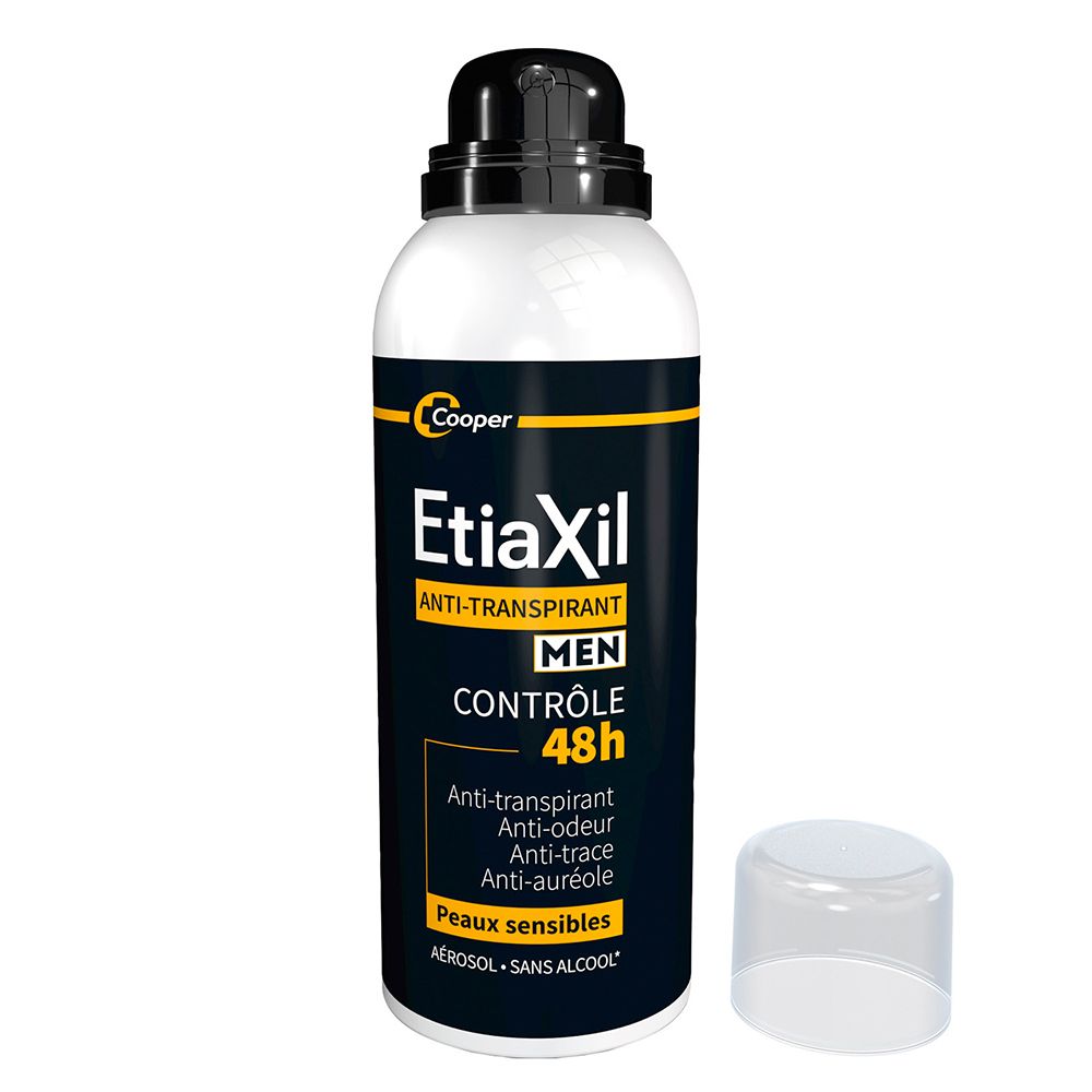 Spray Etiaxil Men Antitranspirant. Étiquette noire avec accents jaunes. Capuchon blanc à côté.