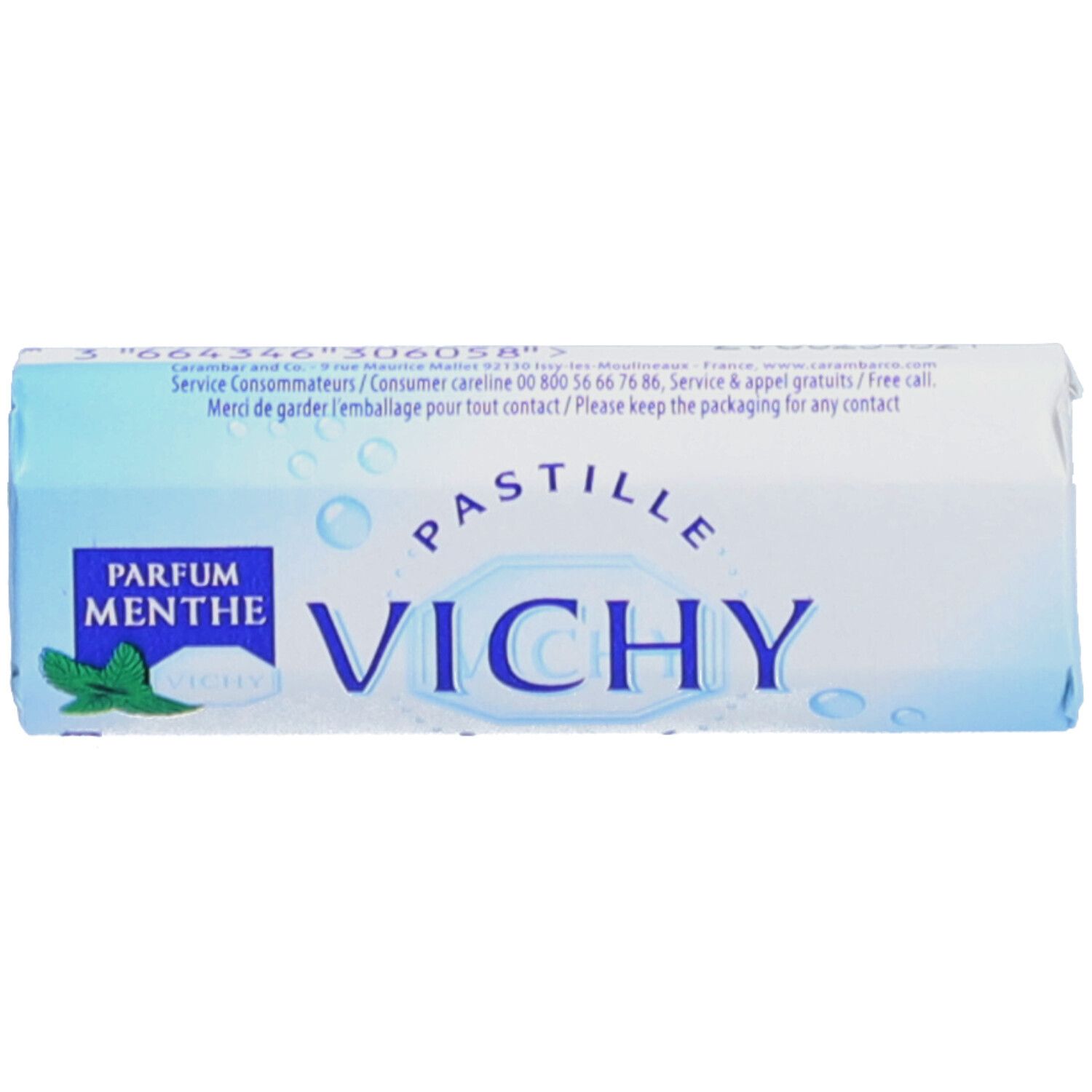 Emballage de pastilles "Vichy Parfum Menthe". Inscription et logo de la marque.
