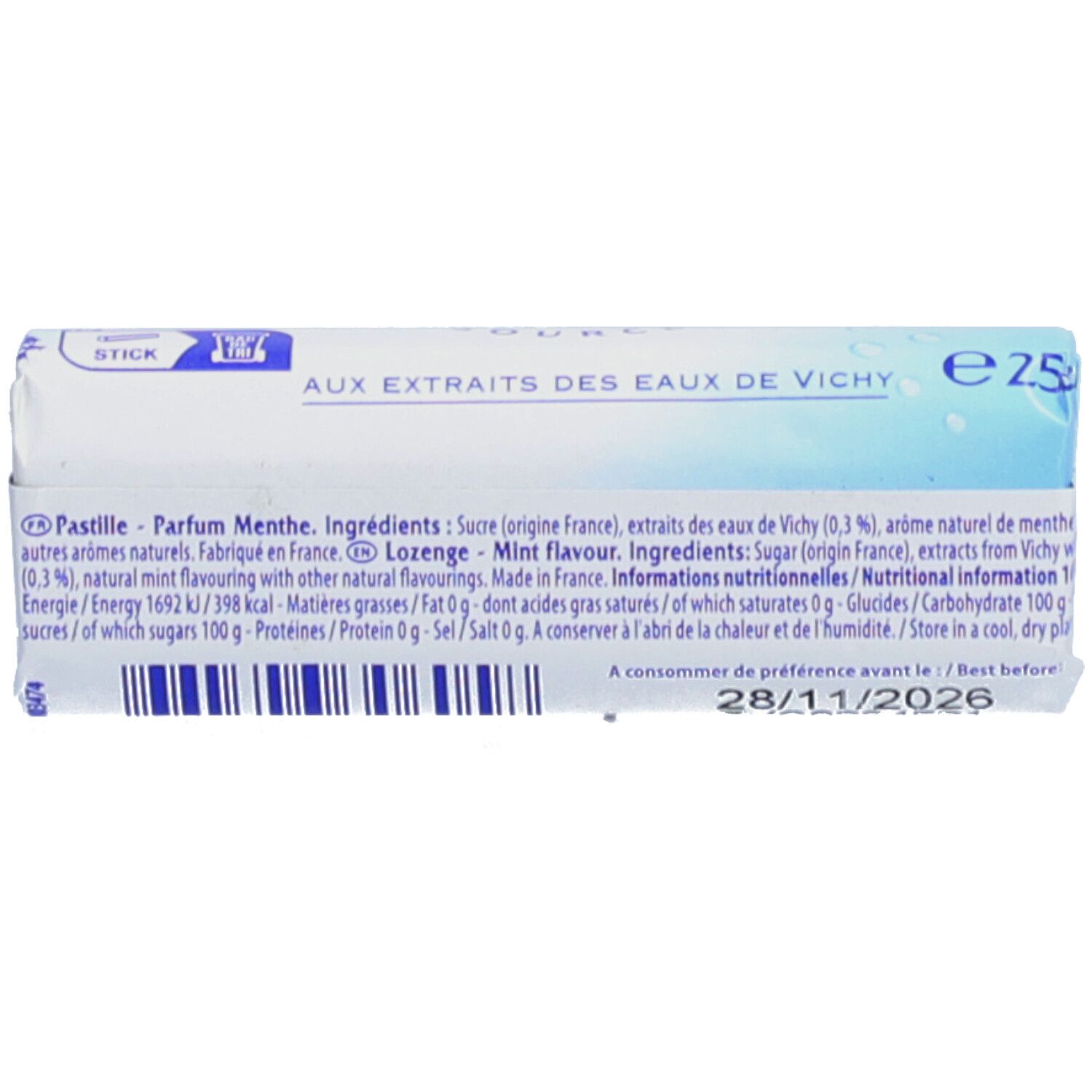 Paquet de pastilles avec texte et code-barres. Ingrédients et informations nutritionnelles.