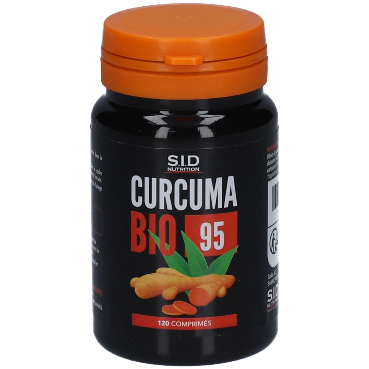 Flacon noir avec couvercle orange. Inscription : SID Nutrition, Curcuma Bio 95. Illustration de racines et feuilles de curcuma.