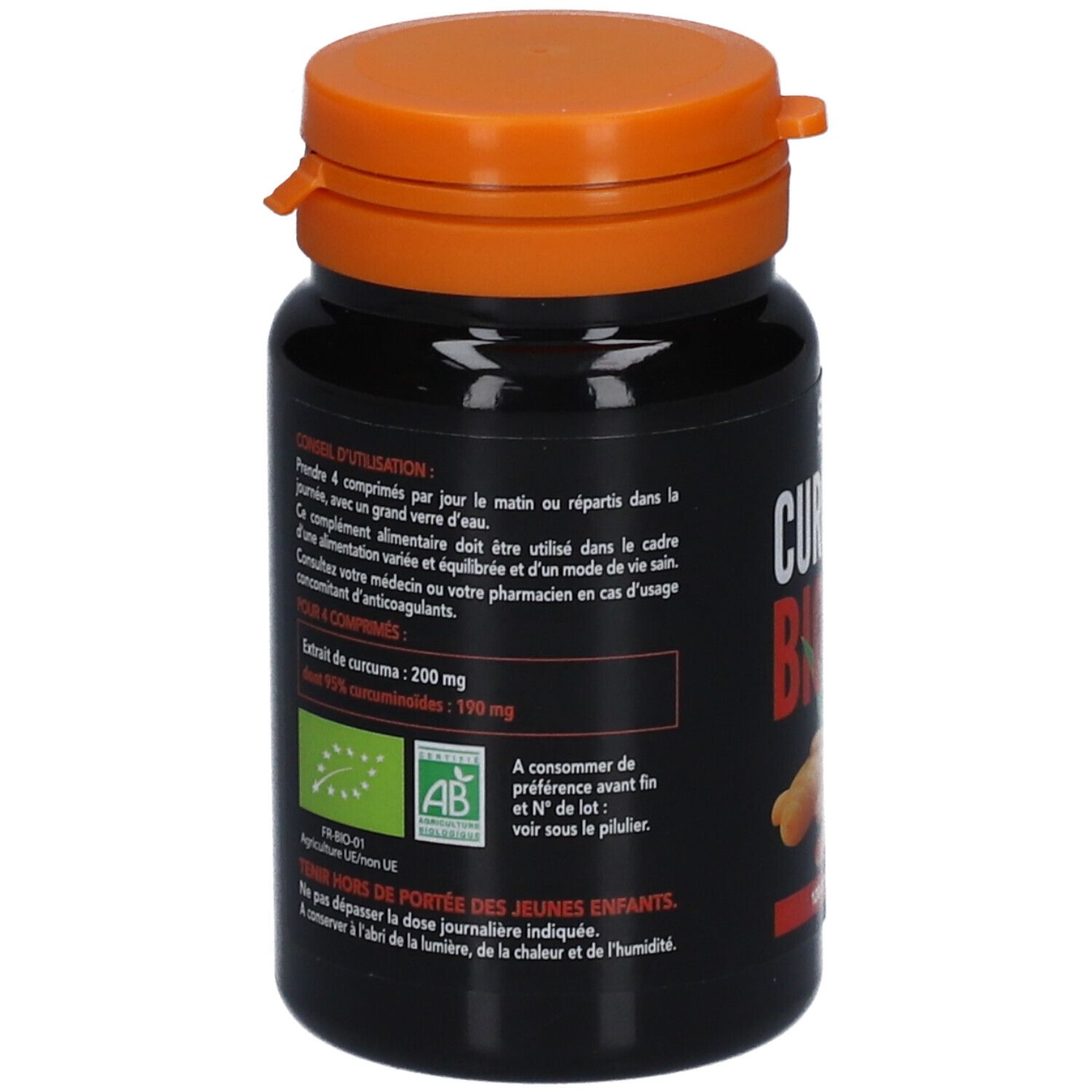 Dos du flacon noir avec couvercle orange. Texte sur les ingrédients et le mode d'emploi. Label bio visible.