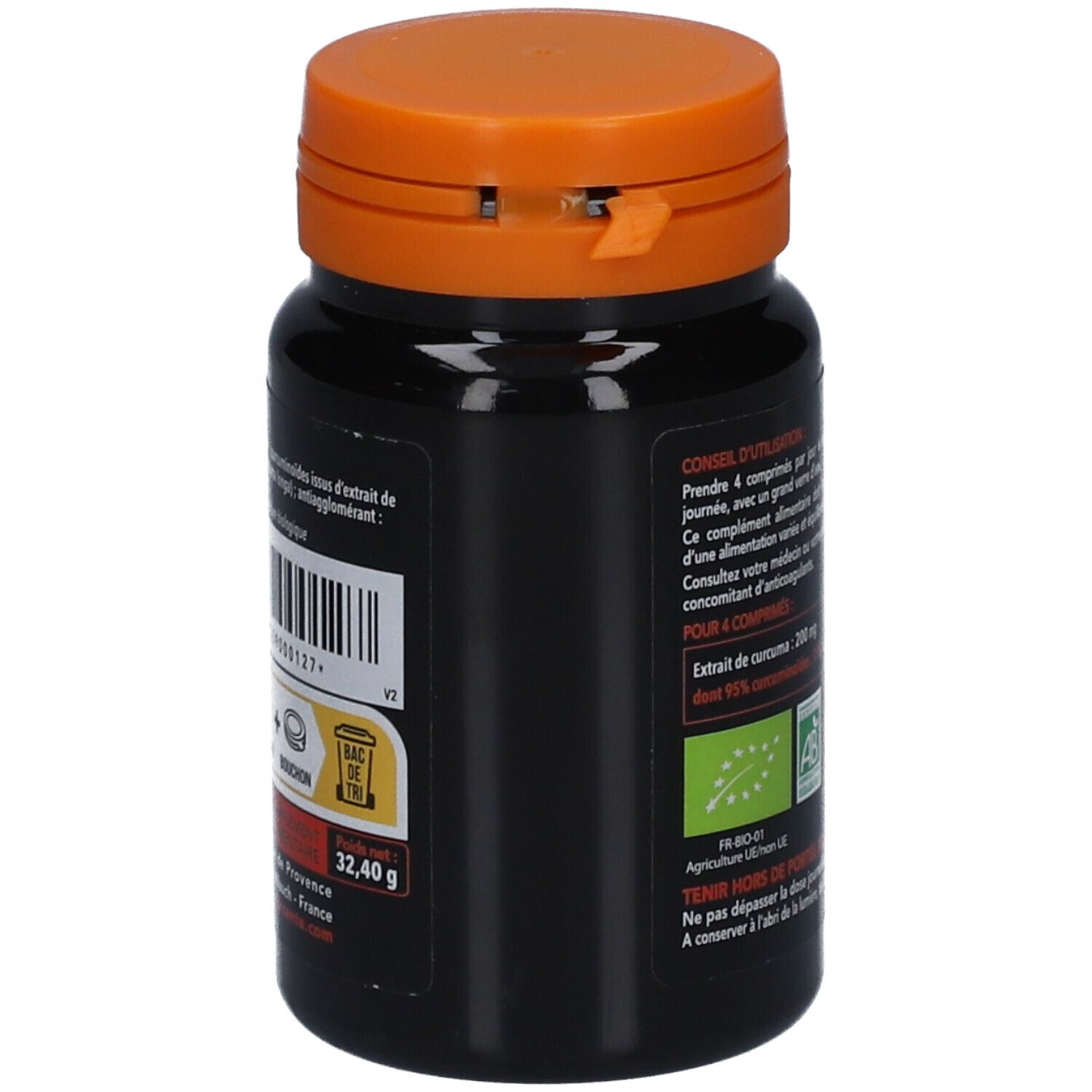 Flacon noir avec couvercle orange. Texte et label bio. Poids : 32,40 g. Adresse du fabricant.