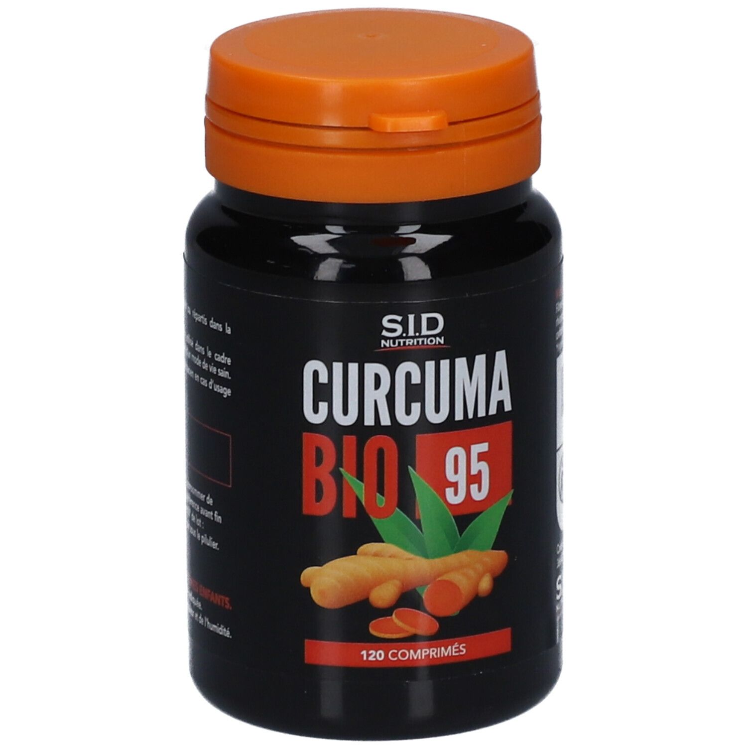 Flacon noir avec couvercle orange. Inscription : SID Nutrition, Curcuma Bio 95. Illustration de racines et feuilles de curcuma.
