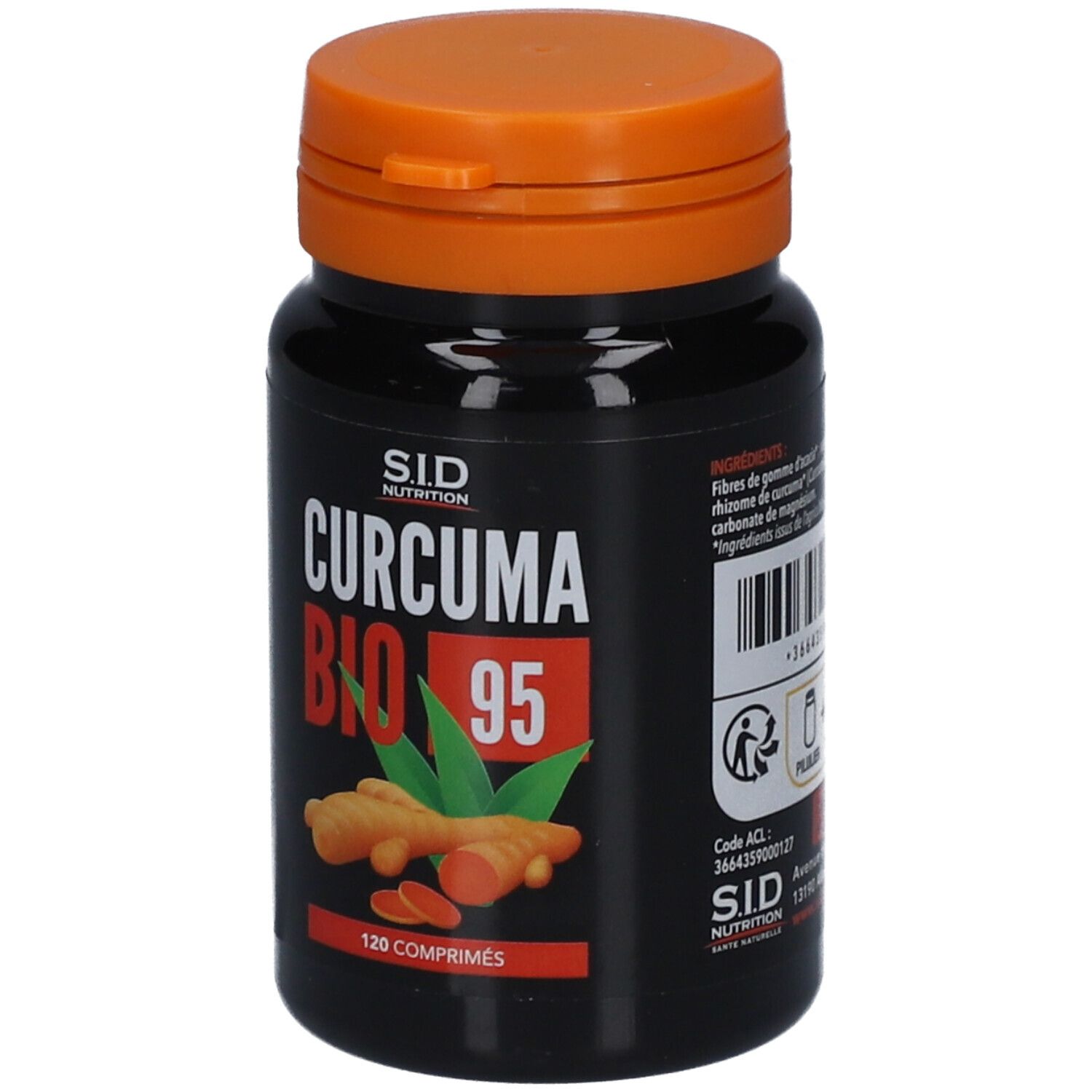Flacon noir avec couvercle orange. Inscription : SID Nutrition, Curcuma Bio 95. Illustration de curcuma. 120 comprimés.