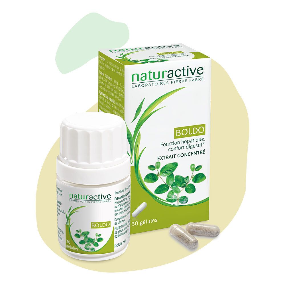Naturactive Boldo, flacon et boîte blancs. 30 gélules. Emballage vert et blanc. Logo Boldo.