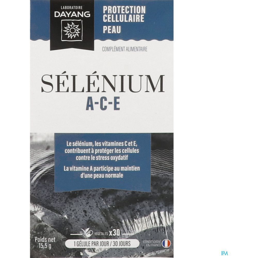 Boîte de complément alimentaire. Inscription : SÉLÉNIUM A-C-E. Marque : DAYANG. Emballage bleu et blanc.