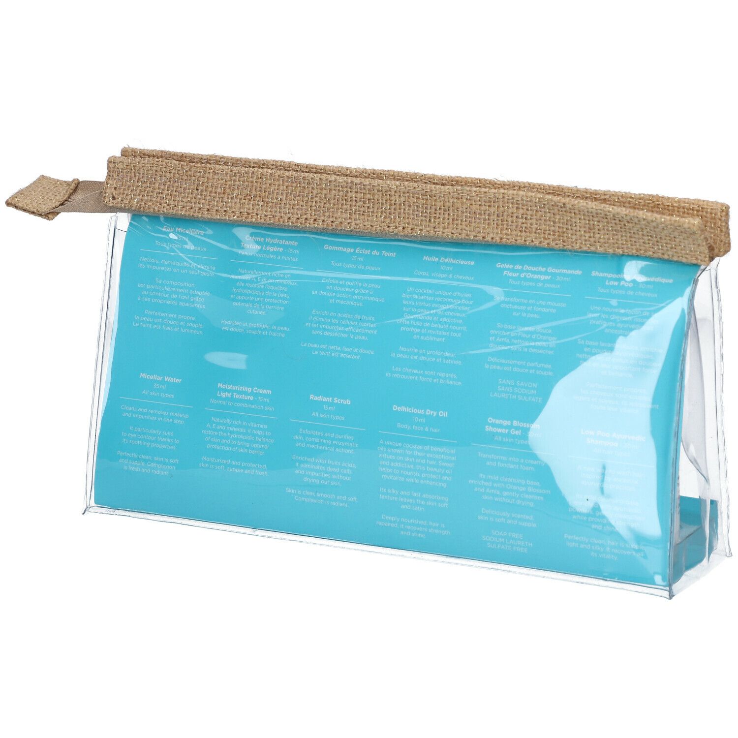 Klare Kosmetiktasche mit blauem Hintergrund. Aufschrift: Produktinformationen. Oberer Teil aus beigem Stoff.