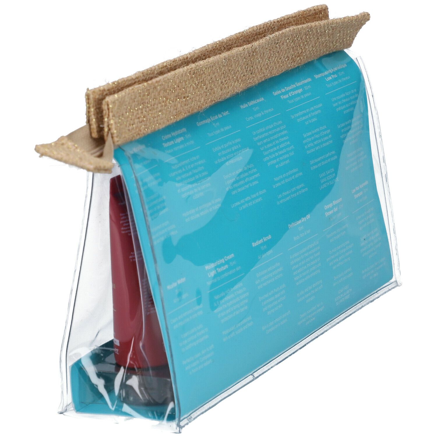 Klare Kosmetiktasche mit blauem Hintergrund. Aufschrift: Produktinformationen. Oberer Teil aus beigem Stoff.