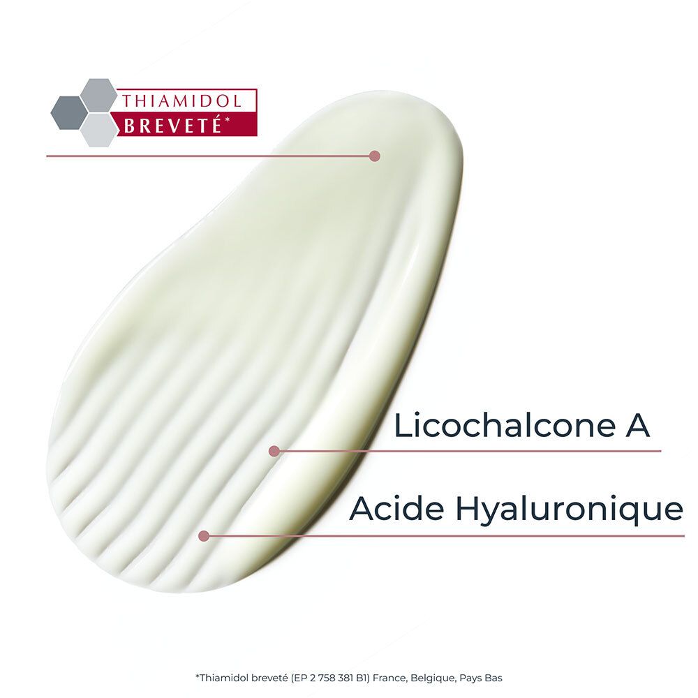 Produkttextur. Enthält Licocalcone A und Hyaluronsäure. Mit Thiamidol Breveté Logo.