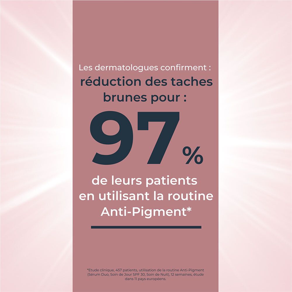 Text: 97% der Patienten reduzieren dunkle Flecken mit Anti-Pigment-Routine.