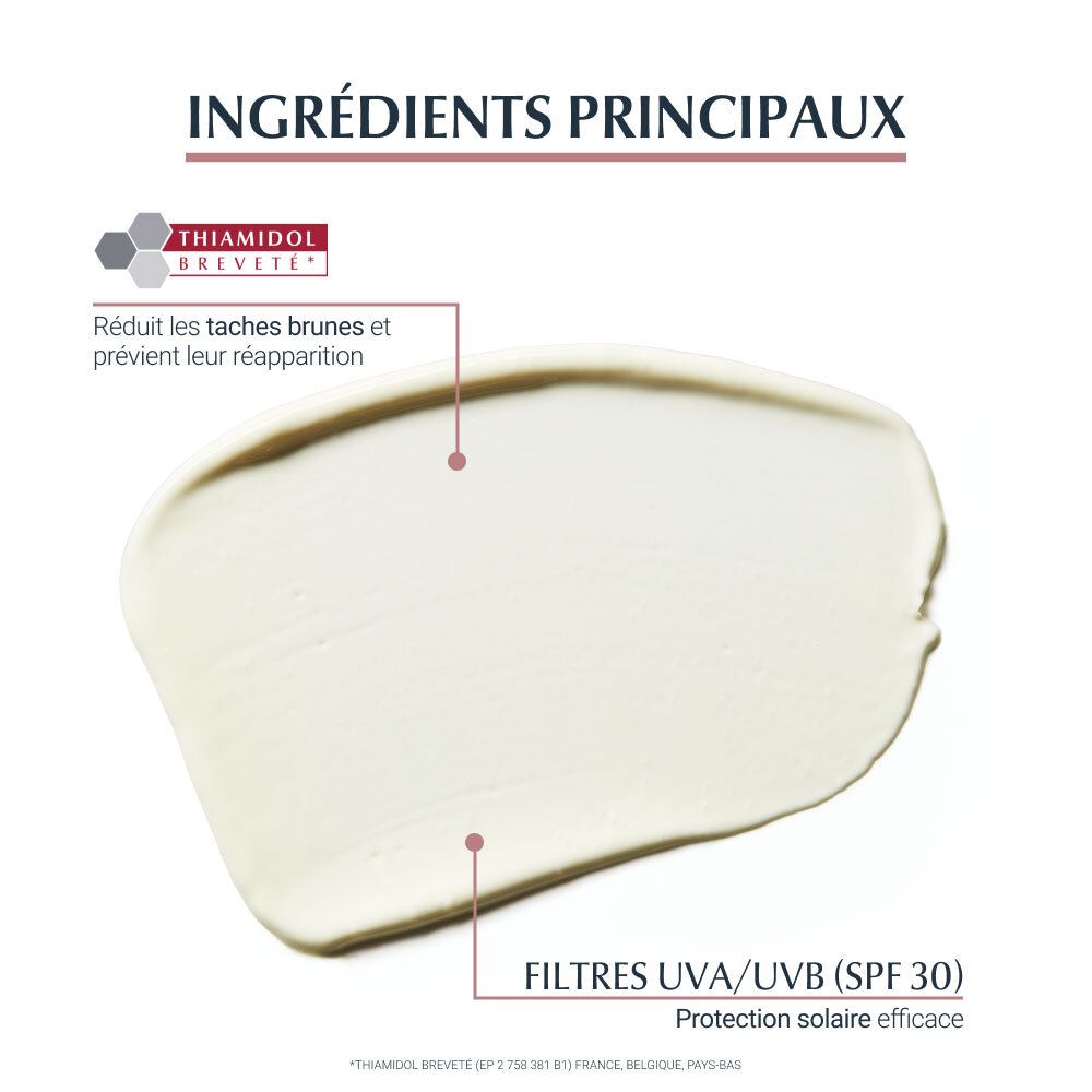 Produktprobe von Creme. Text: Thiamidol, UVA/UVB-Filter (SPF 30). Beschriftung: Reduziert dunkle Flecken und verhindert deren Wiederauftreten.