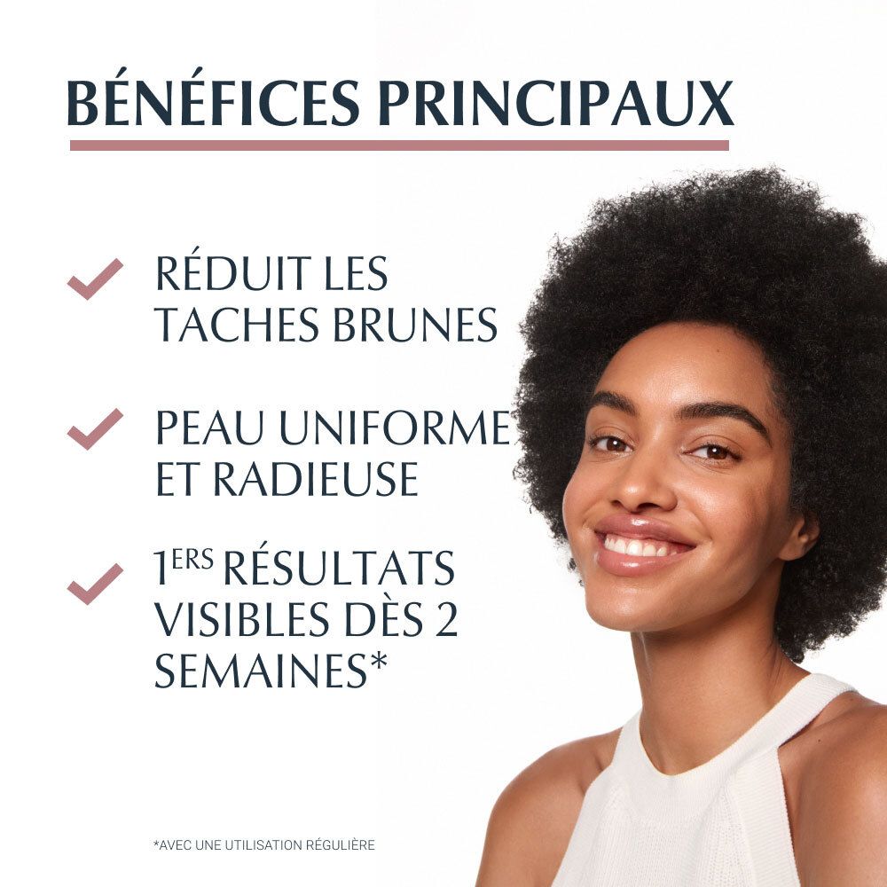 Femme avec peau. Texte: Réduit les taches brunes, peau uniforme, résultats visibles dès 2 semaines.