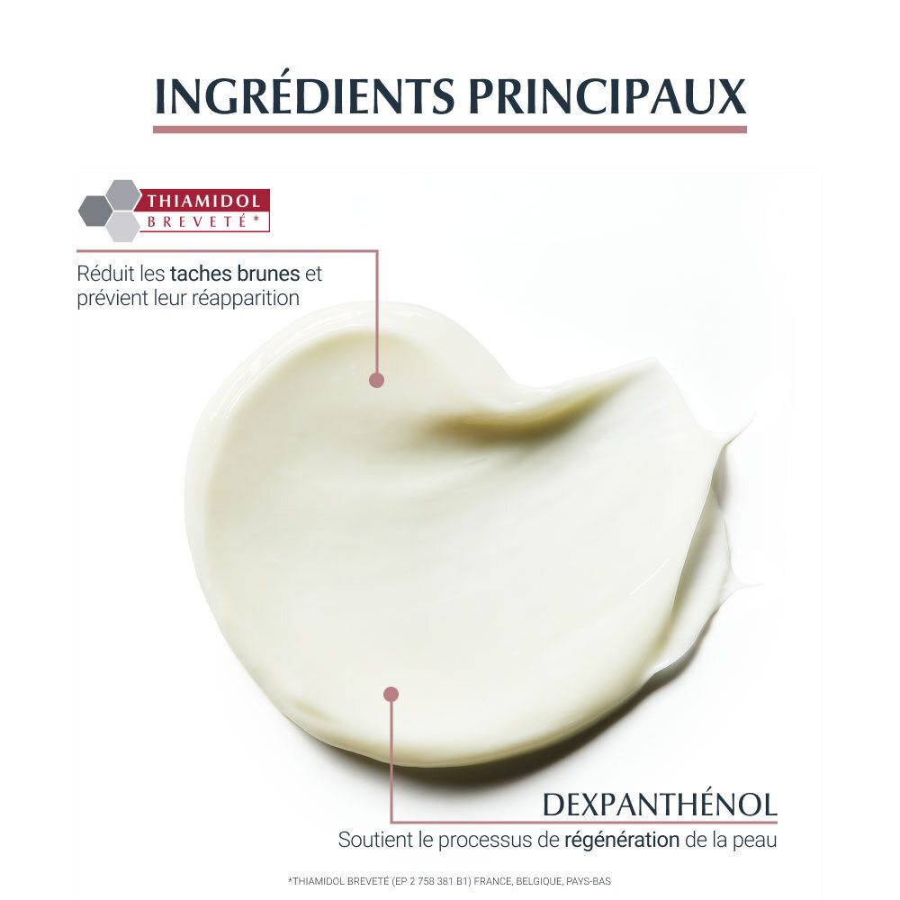 Texture crème. Texte: Thiamidol, réduit les taches brunes. Dexpanthenol, favorise la régénération de la peau.