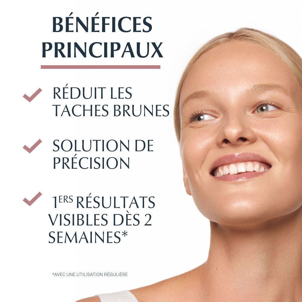 Femme souriante. Texte : Réduit les taches brunes, solution de précision, premiers résultats visibles dès 2 semaines. Eucerin®.