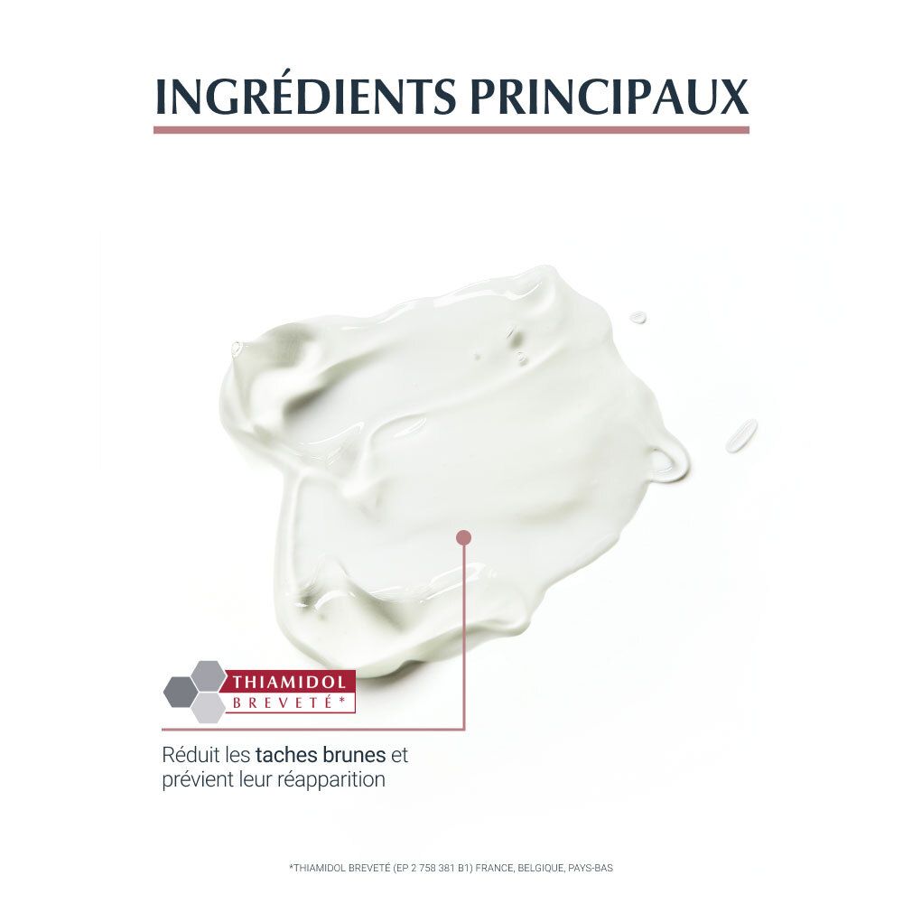 Texture crème. Texte : Thiamidol, réduit les taches brunes et prévient leur réapparition. Eucerin®.