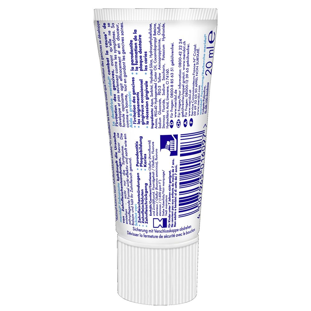Tube de dentifrice, dos avec ingrédients et informations. Tube blanc avec texte bleu et blanc. Fermeture de sécurité.