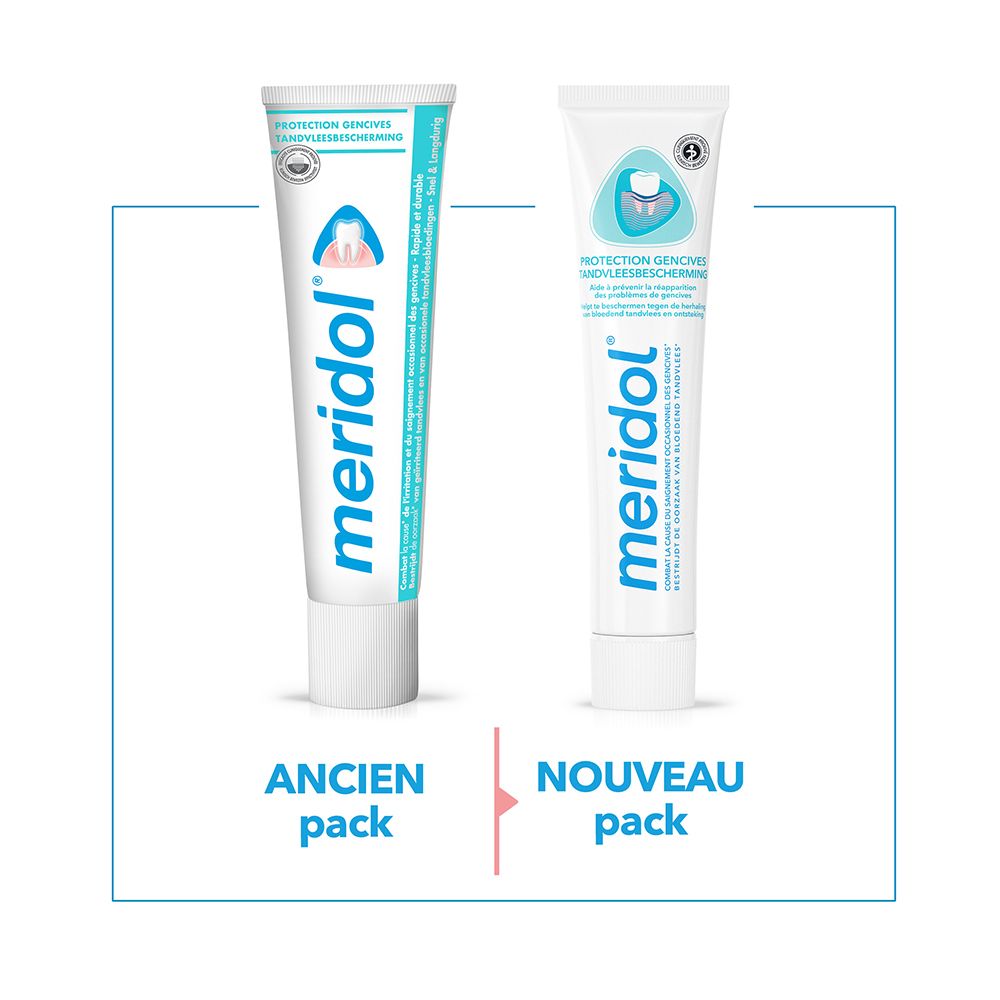 Comparaison de deux tubes de dentifrice. Gauche: ancien design d'emballage. Droite: nouveau design d'emballage.