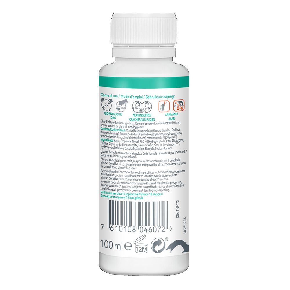 Dos du flacon de bain de bouche. Informations sur les ingrédients et l'utilisation. 100 ml.