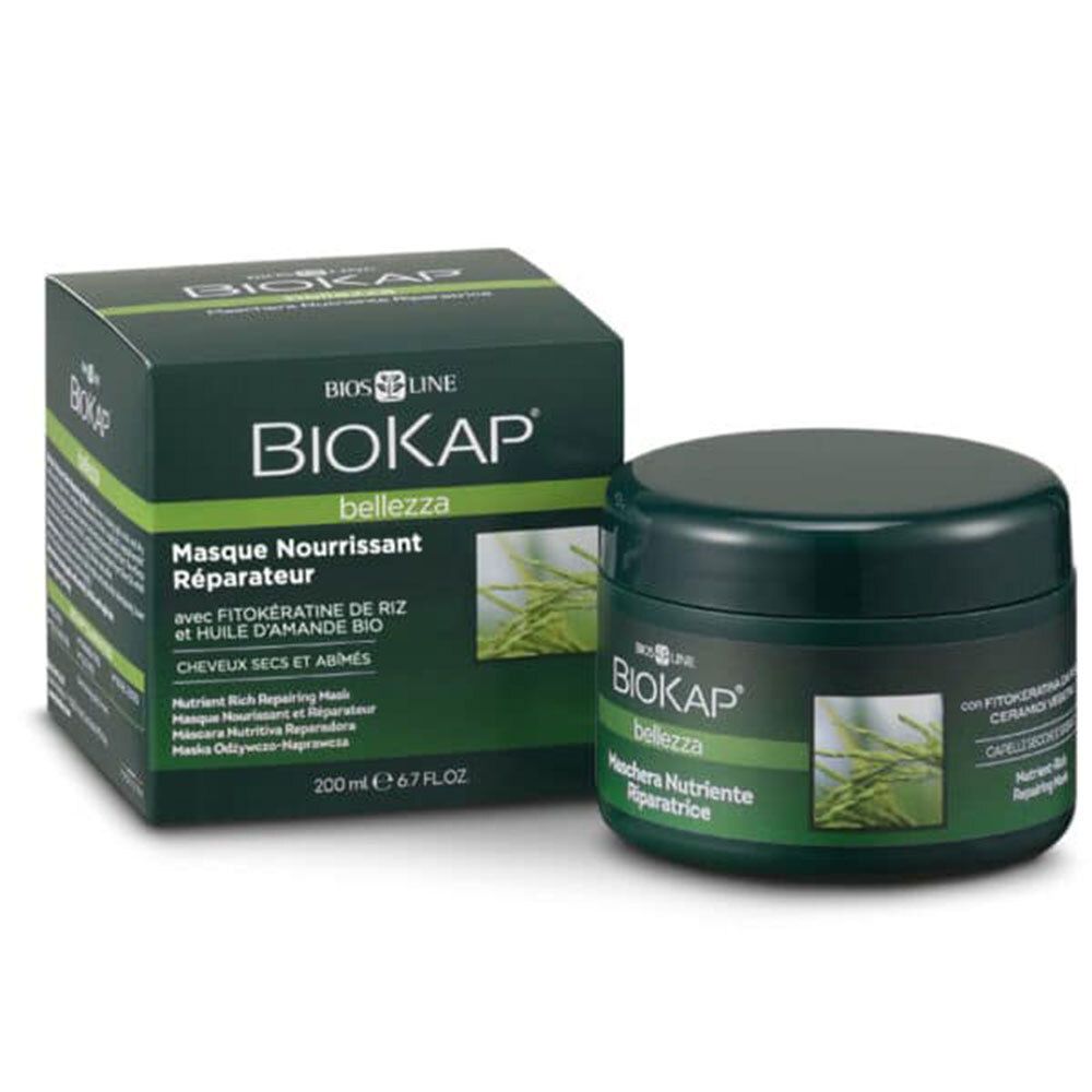 Boîte et pot verts avec logo BIOKAP et texte. Contient un masque capillaire. Inscription : Masque Nourrissant Réparateur.