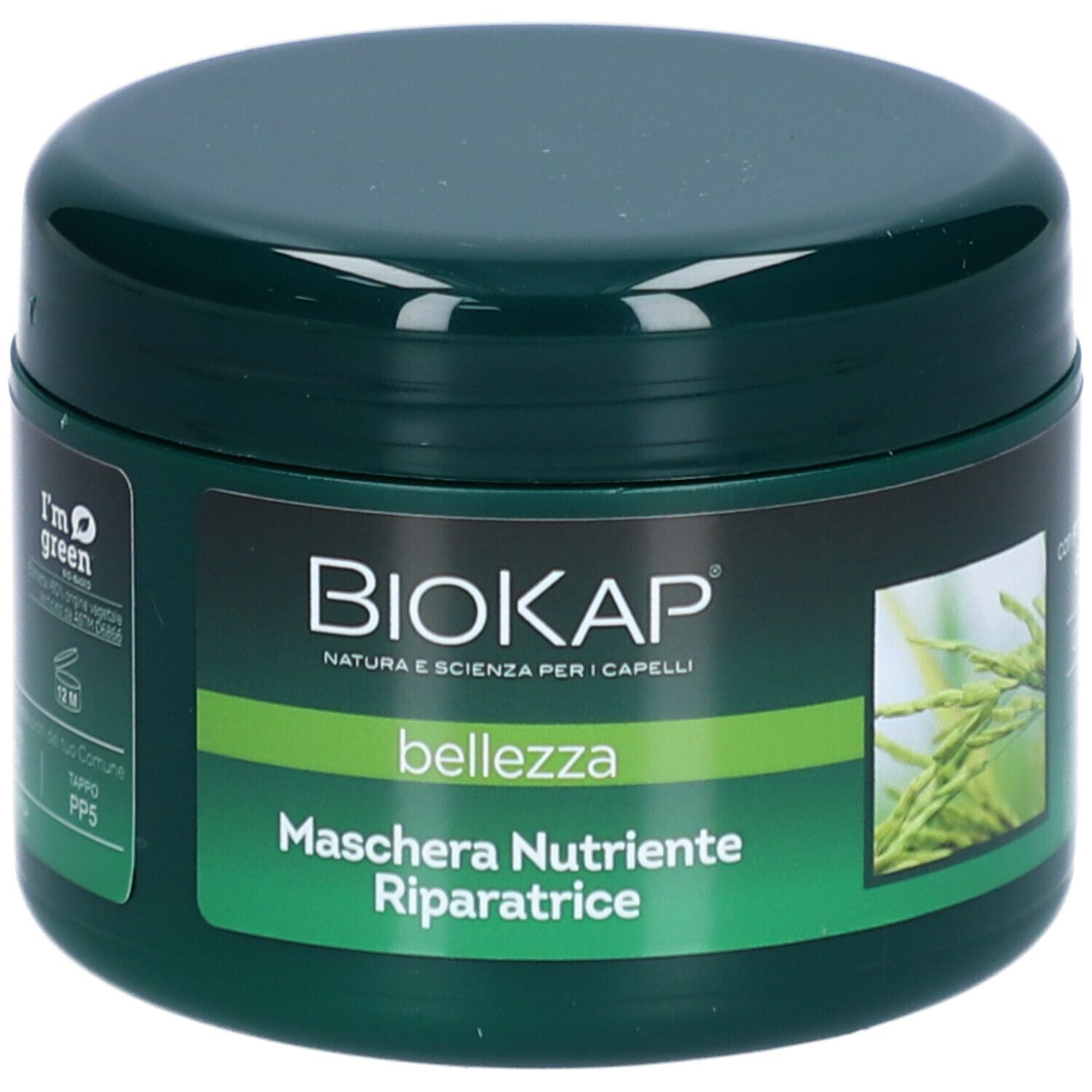 Pot vert avec logo BIOKAP et texte. Inscription : Maschera Nutriente Riparatrice. Contient un masque capillaire. Vert avec accent jaune.