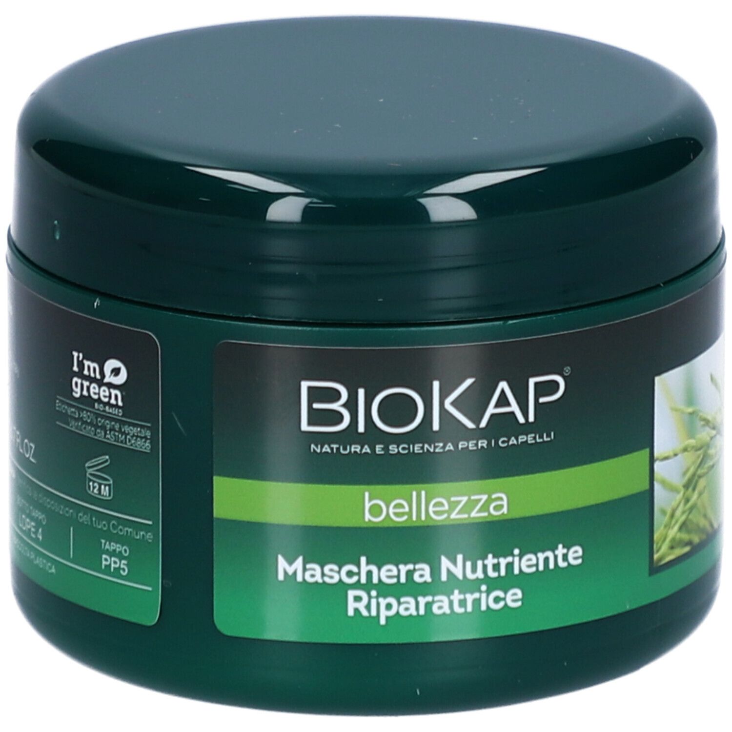 Pot vert avec logo BIOKAP et texte. Inscription : Maschera Nutriente Riparatrice. Contient un masque capillaire. Vert avec accent jaune.