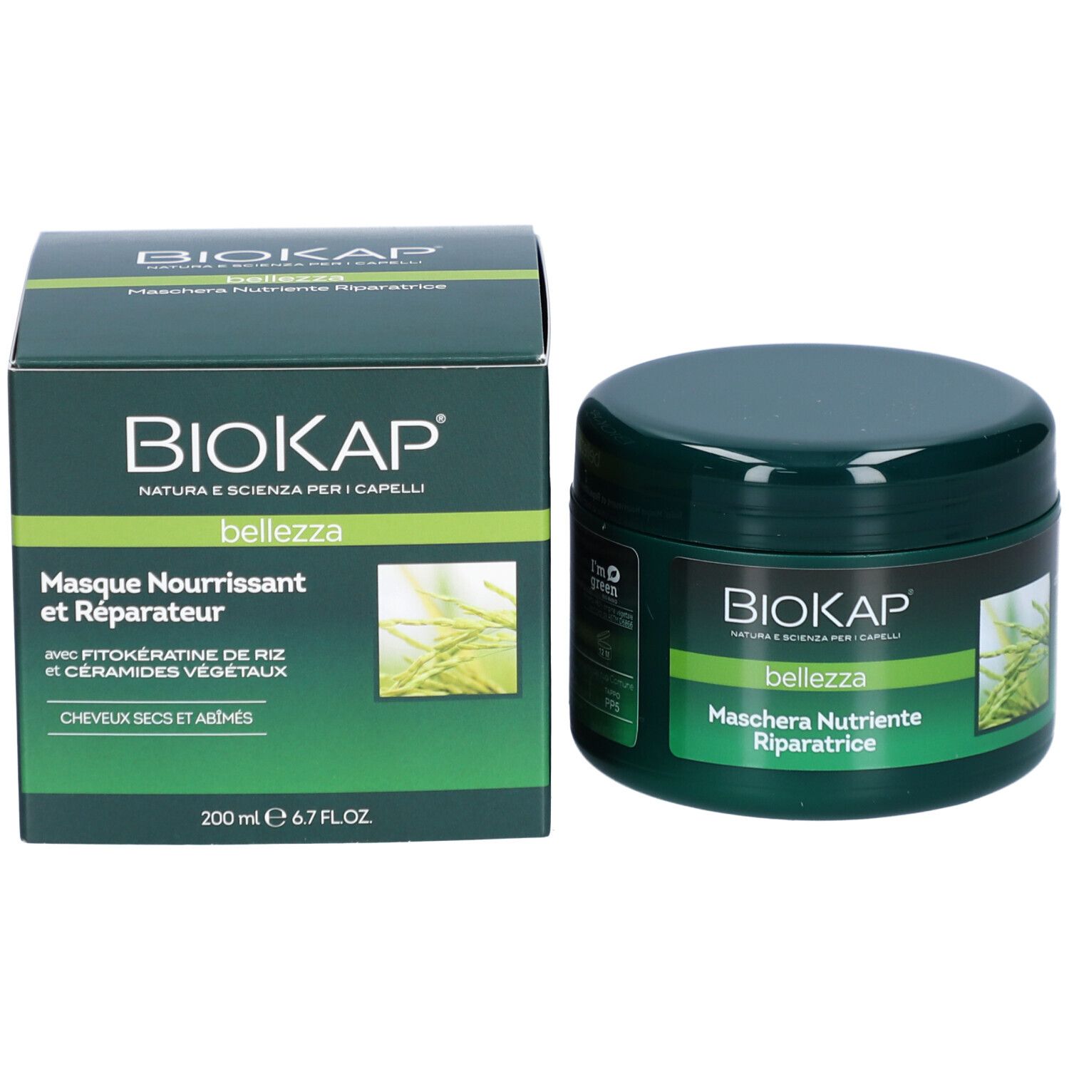 Boîte et pot verts avec logo BIOKAP et texte. Contient un masque capillaire. Inscription : Masque Nourrissant et Réparateur.