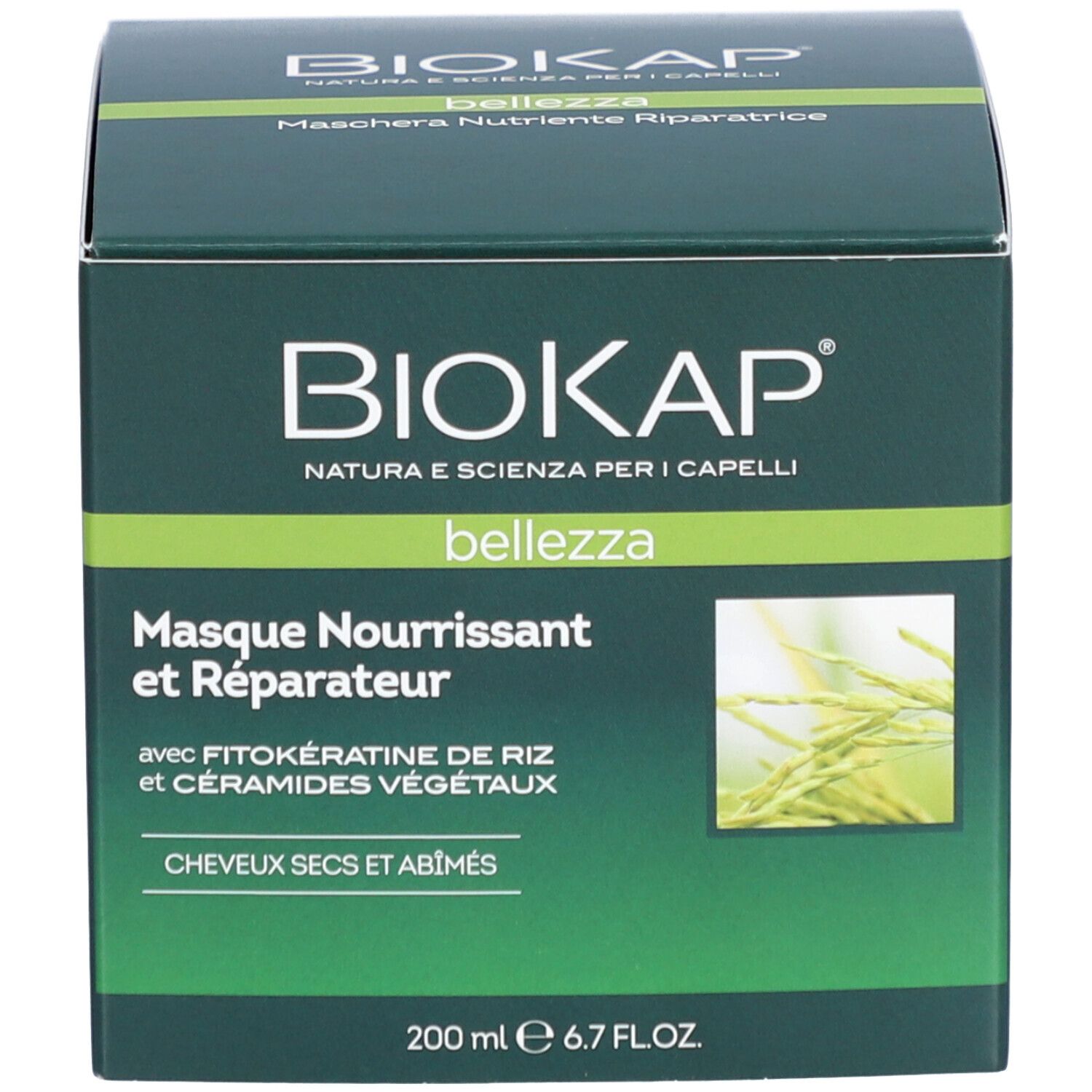 Boîte verte avec logo BIOKAP et texte. Contient un masque capillaire. Inscription : Masque Nourrissant et Réparateur.