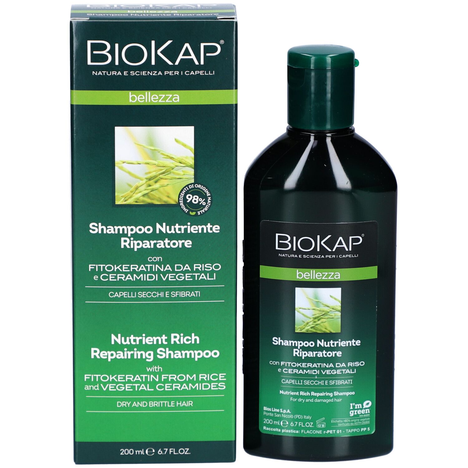 Flacon et boîte de shampooing verts. Logo BIOKAP, Shampoo Nutriente Riparatore. Pour cheveux secs et abîmés. 98% ingrédients d'origine naturelle.