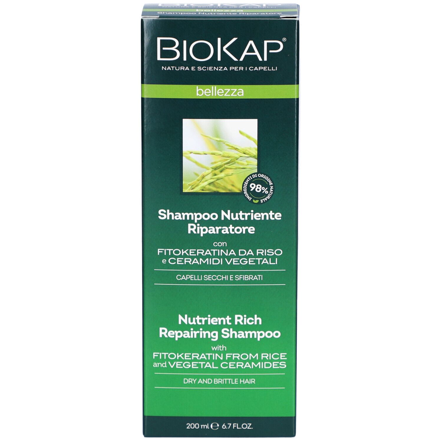 Boîte verte avec logo BIOKAP. Shampoo Nutriente Riparatore. Pour cheveux secs et abîmés. 98% ingrédients d'origine naturelle.