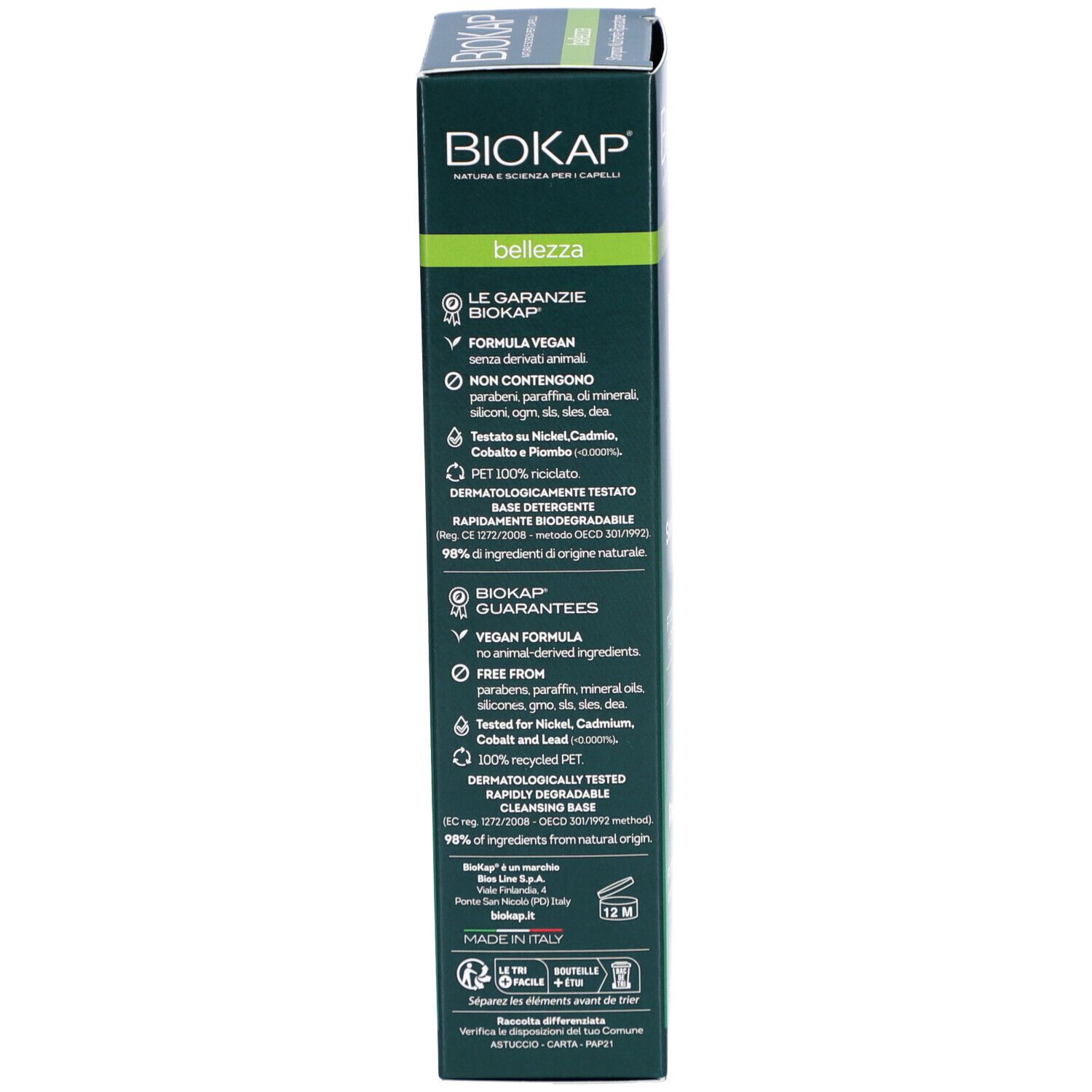 Dos de la boîte verte. Logo BIOKAP, informations produit, ingrédients, formule vegan, testé dermatologiquement, PET 100% recyclé.