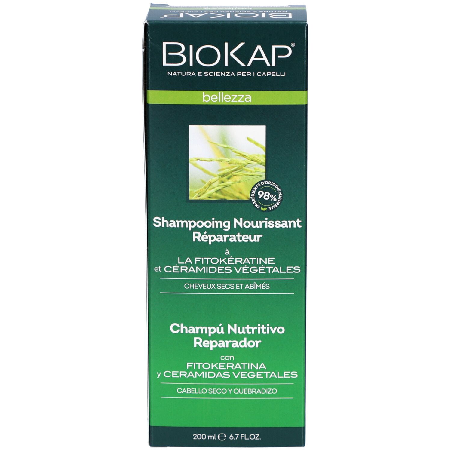 Boîte verte avec logo BIOKAP. Shampooing Nourrissant Réparateur. Pour cheveux secs et abîmés. 98% ingrédients d'origine naturelle.