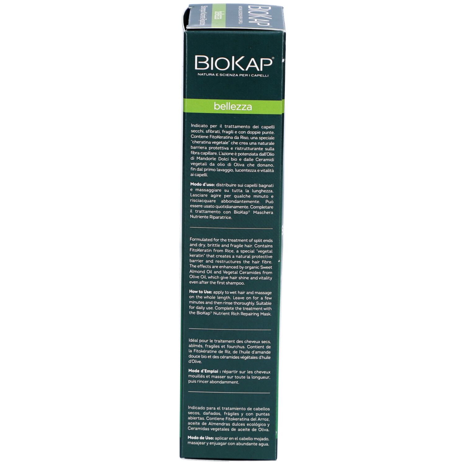 Dos de la boîte verte. Logo BIOKAP, informations produit, mode d'emploi, ingrédients, pour cheveux secs.