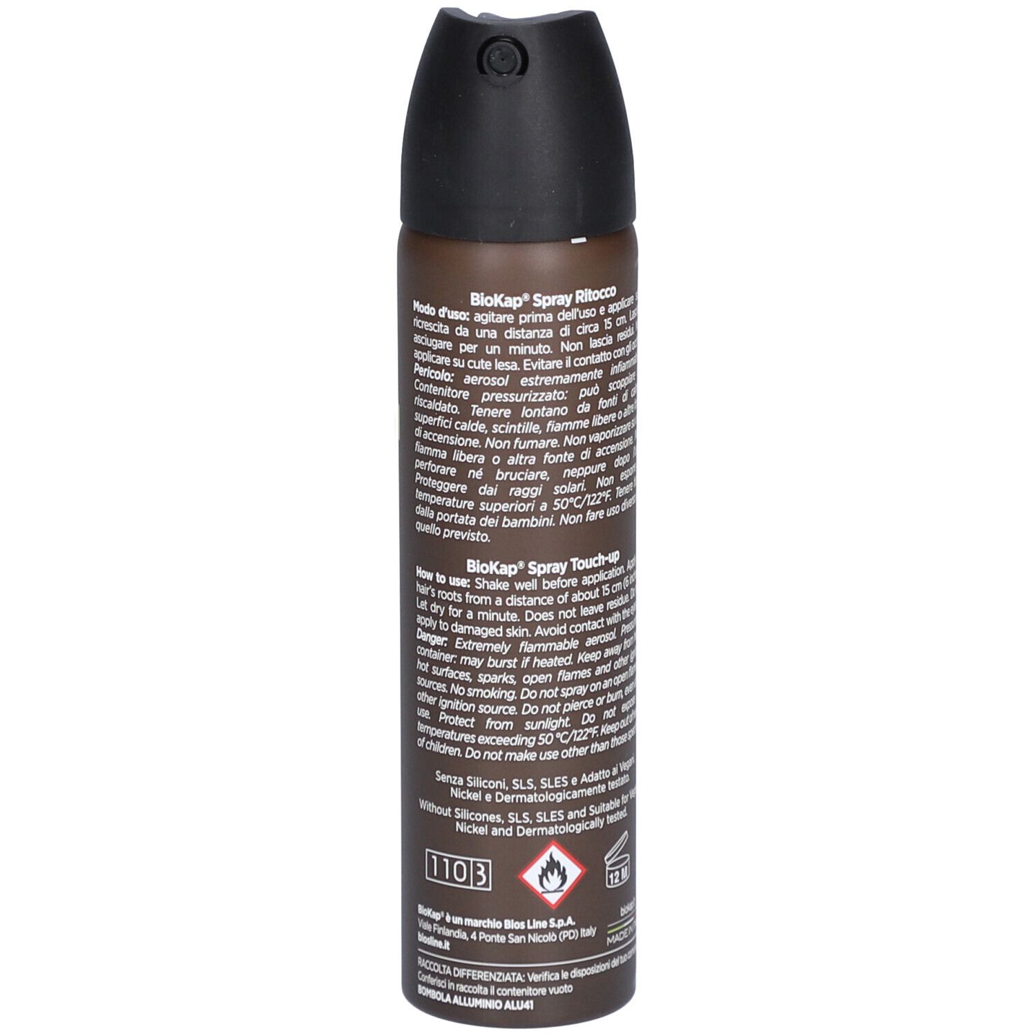 BIOKAP Nutricolor Delicato Spray Retouche Noir. Bombe aérosol avec bouchon noir. Texte et logo.