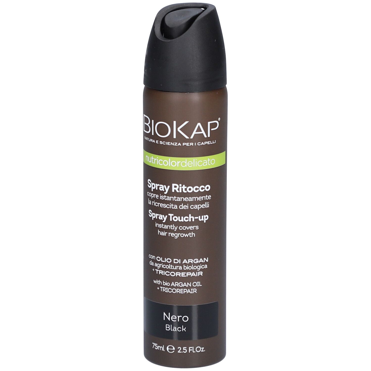 BIOKAP Nutricolor Delicato Spray Retouche Noir. Bombe aérosol avec bouchon noir. Texte et logo.