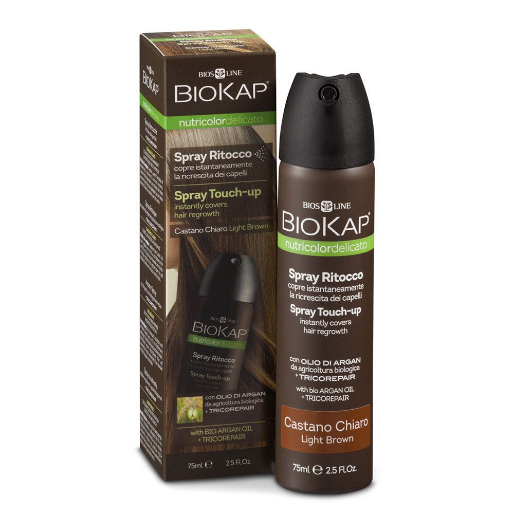 BIOKAP Nutricolor Delicato Spray Retouche, Châtain Clair. Spray et emballage. Texte: Spray Ritocco, Light Brown.