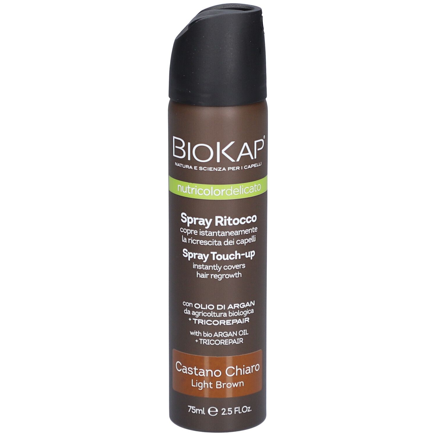 BIOKAP Nutricolor Delicato Spray Retouche, Châtain Clair. Bombe aérosol marron avec bouchon noir. Texte: Spray Ritocco.
