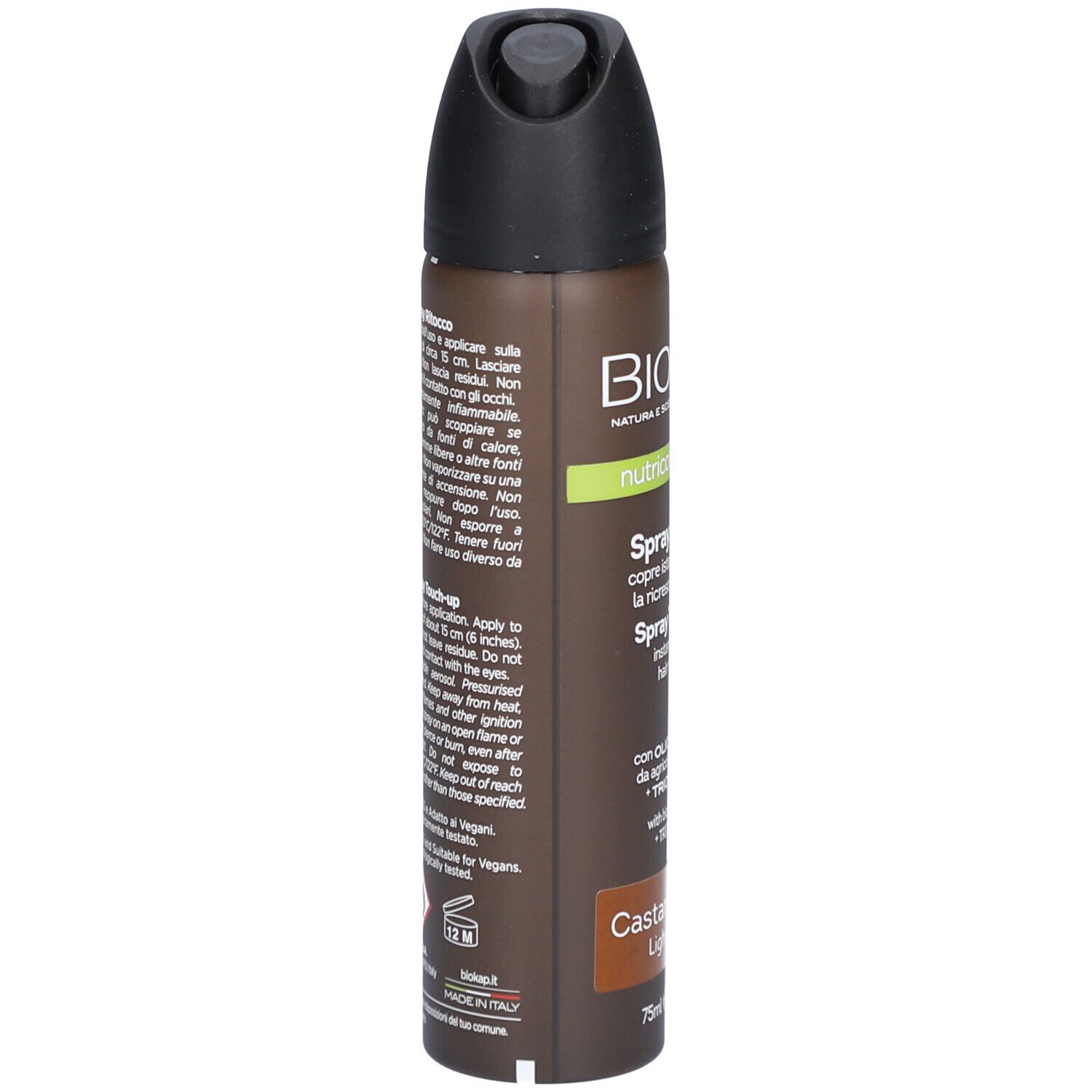 BIOKAP Nutricolor Delicato Spray Retouche, Châtain Clair. Vue détaillée de l'aérosol. Texte: Spray Ritocco, avertissements.