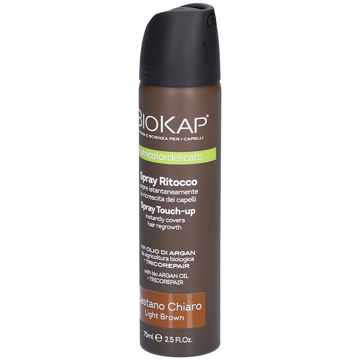 BIOKAP Nutricolor Delicato Spray Retouche, Châtain Clair. Vue détaillée de l'aérosol. Texte: Spray Ritocco, informations produit.