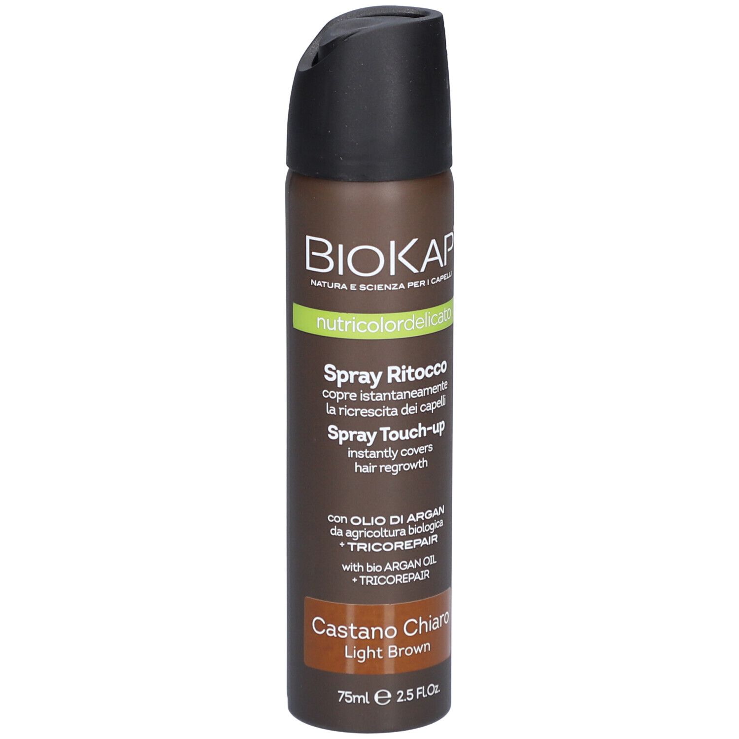 BIOKAP Nutricolor Delicato Spray Retouche, Châtain Clair. Vue détaillée de l'aérosol. Texte: Spray Ritocco, informations produit.