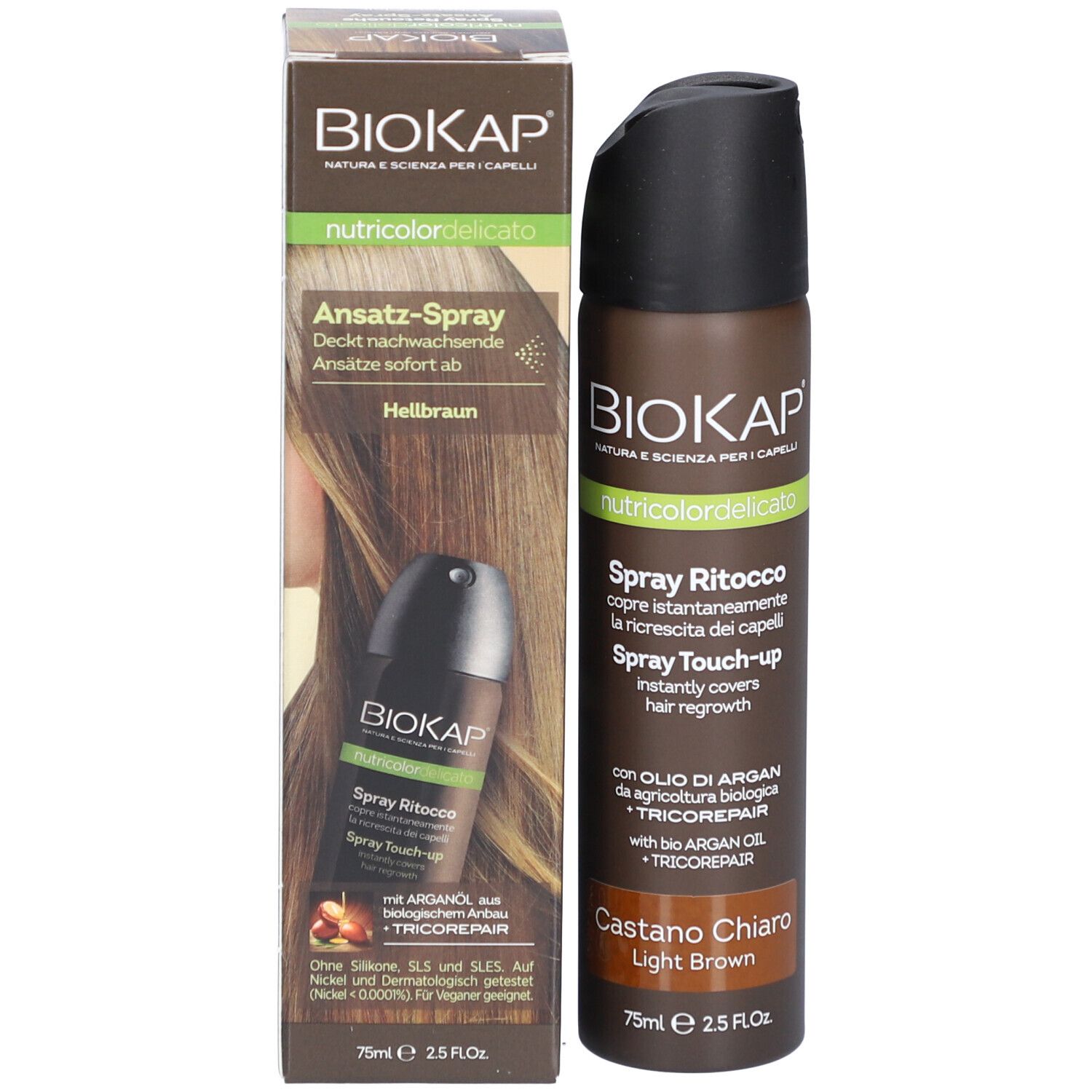 BIOKAP Nutricolor Delicato Spray Retouche, Châtain Clair. Spray et emballage. Texte: Spray Ritocco, Hellbraun.